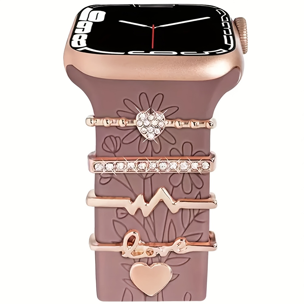 TEMU 5 Ciondoli ad Anello per Cinturino Orologio con Strass, Borchie e Pendini, Decorazioni in Metallo Compatibili con Cinturini Serie Iwatch