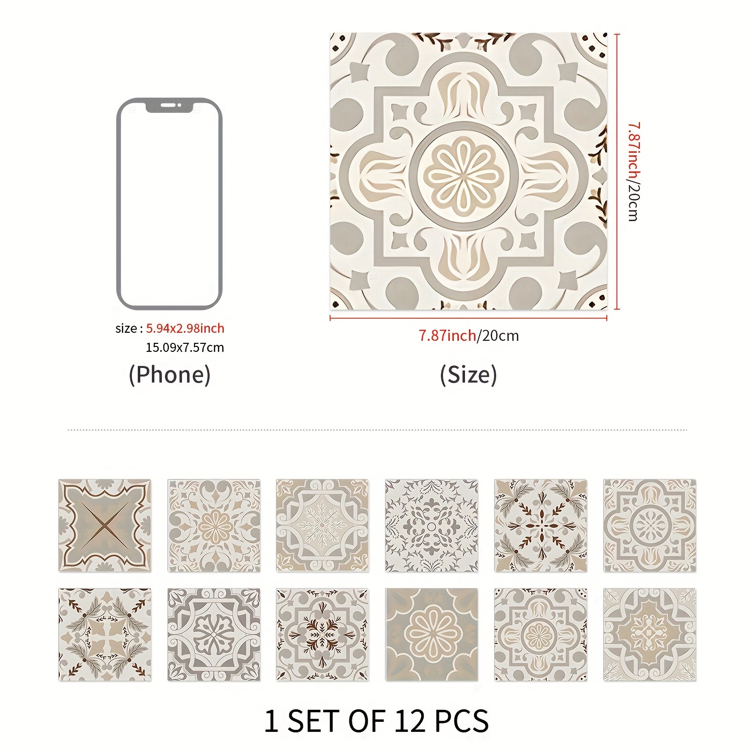 12pcs Bohemian Floral Tile Stickers, Self-adhesive Pvc Decals For Kitchen Splashbacks, Bathroom & Stair Walls - Easy To Apply And Remove 10/15/20cm*12pcs