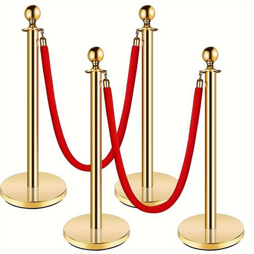 4pcs Stainless Steel Stanchion Post, 5 FT Red Carpet Ropes And Poles, Golden Stanchions With Red Rope, Hollow Base And Velvet Ropes Safety Barriers Set, Carpet Runner For Party