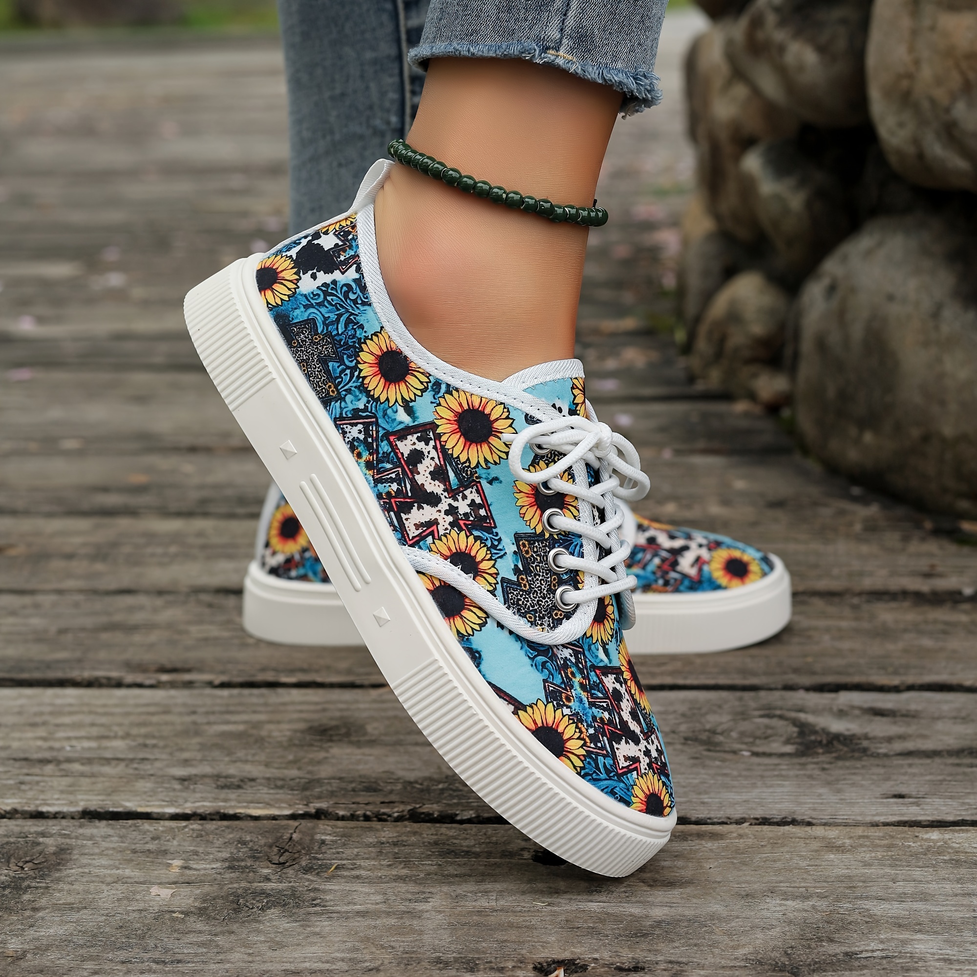 Women's Floral Sneakers with Rolled Edges Breathable Fabric Upper,  Thick Cushioned Sole Non-Slip Rubber Outsole for Casual Attire
