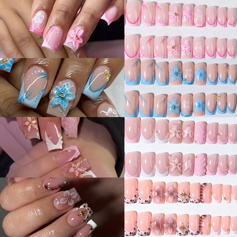 TEMU 96pcs Short Square Press-on Nail Set, 3d Leopard Print And Fake Nail Stickers, Full Coverage High-quality Reusable Acrylic Nails For Women, Y2k