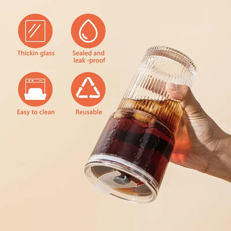 glasses with lid and straw set of 4 stylish ribbed design drinking cups for iced coffee cups juices smoothies cold drinks cleaning brushes included durable glassware Product details 3