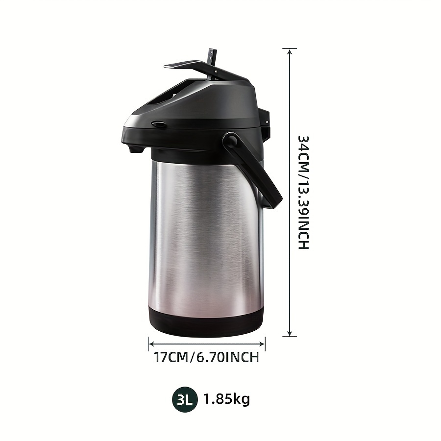 TEMU 3l Stainless Steel Thermal Carafe - Large Capacity Airpot With Pump Dispenser - Double Walled Vacuum Insulated Hot Water Bottle For Tea, Coffee - Portable, No Electricity Required