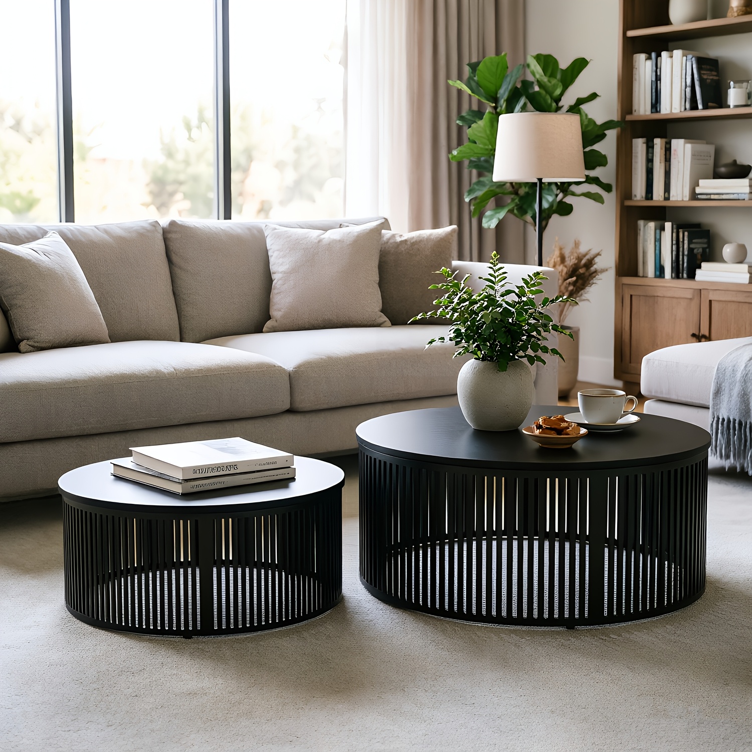 Image of Two-piece Round Coffee Table Set, Black, Metal Frame, Wooden Tabletop, Living Room Side Table, , Suitable For Living Room, Bedroom, Office