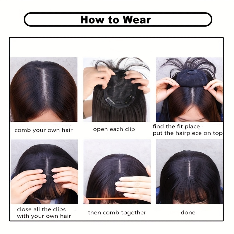 10inch 25cm hair toppers natural straight hairpiece with bangs for women 100 soft toupee hair 2 clips   clip   synthetic hair extensions hair pieces for thinning hair wiglets upgrade lace base topper festival cosplay   use details 8
