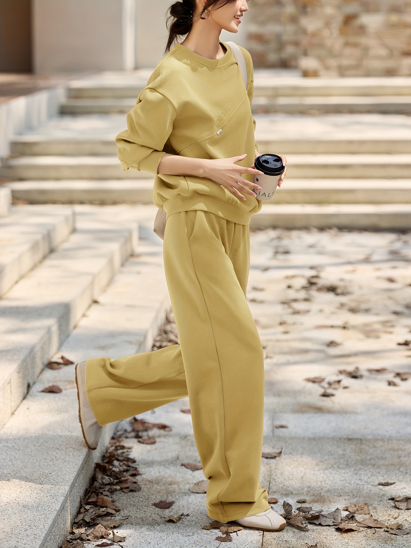 Detail shot of the woven pants texture and hem