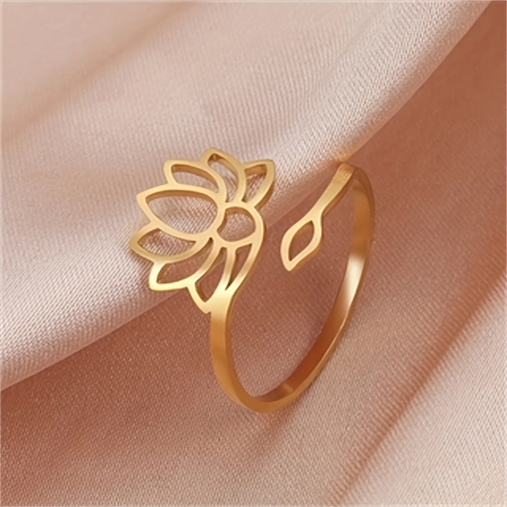 Lotus Ring 201 Stainless Steel Adjustable Ring Hollow Lotus Ring Geometric Ring Easy Teenager's Jewelry Mom Gift, For Teenager