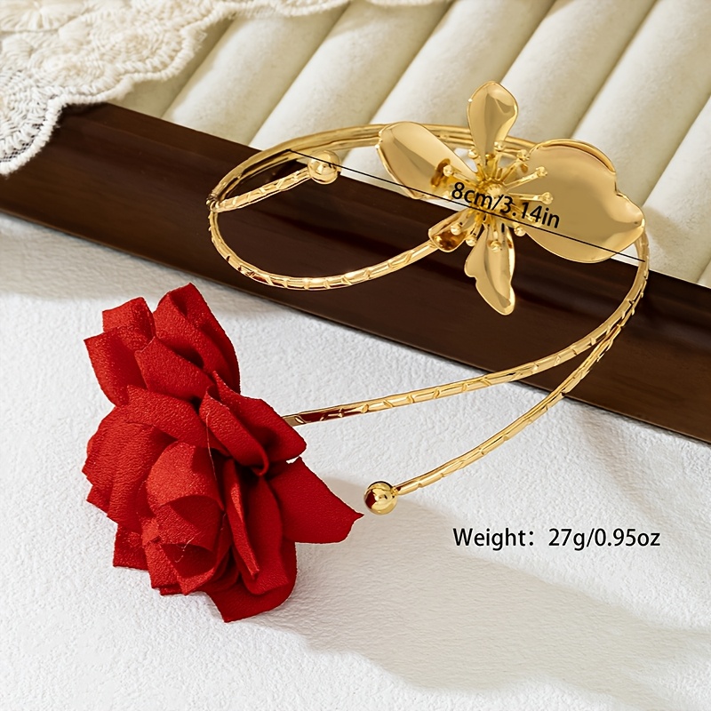 TEMU Elegant Vintage-inspired Bracelet With - Golden-tone Accent, Red Rose Flower & Charm, Parties, Banquets, And Casual Attire, Gift Bracelet |