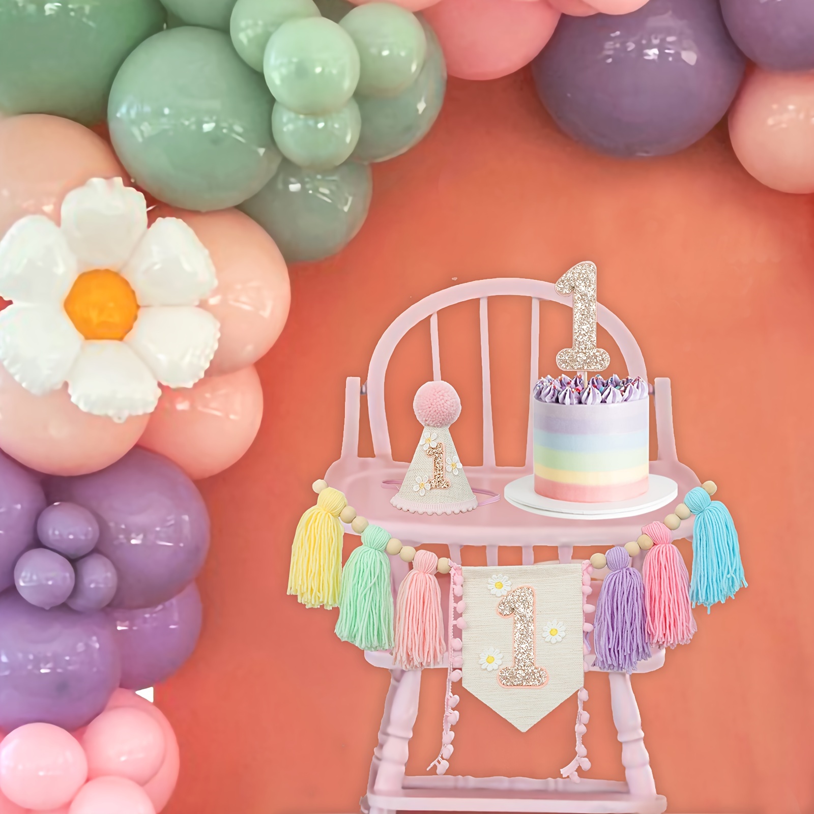 Macaron Daisy Birthday Party Set: * a Macaron Daisy Banner, a Floral Birthday Hat, And a Shiny Cake Decoration, * Birthday Party Decor And Photo Props.