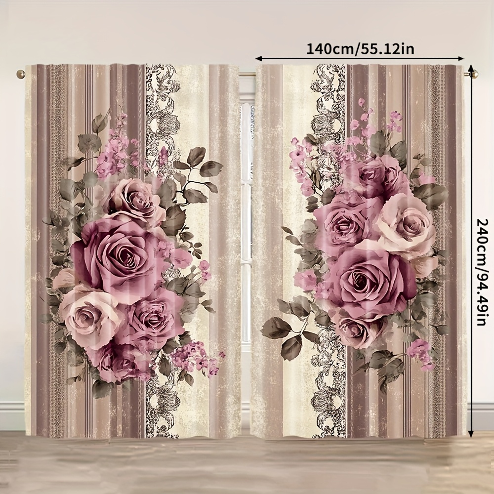 TEMU 2pcs, Universal Retro Curtains, Elegant Floral & Plant Pattern, Extra Large Fabric, For Suitable For All Room Types, (without Rod)