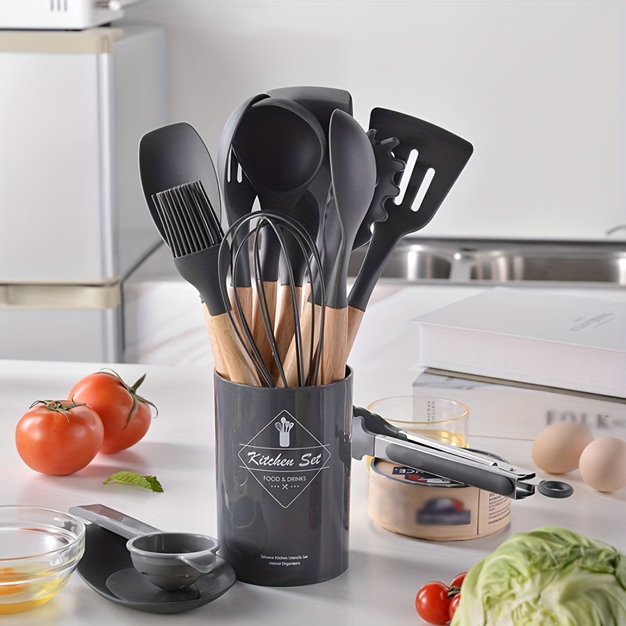 TEMU 12pcs Wooden Handle Silicone Kitchenware Set, 5 Colors, Kitchen Baking Cooking Tools Set High Temperature Resistant Kitchenware, Kitchen Gadgets