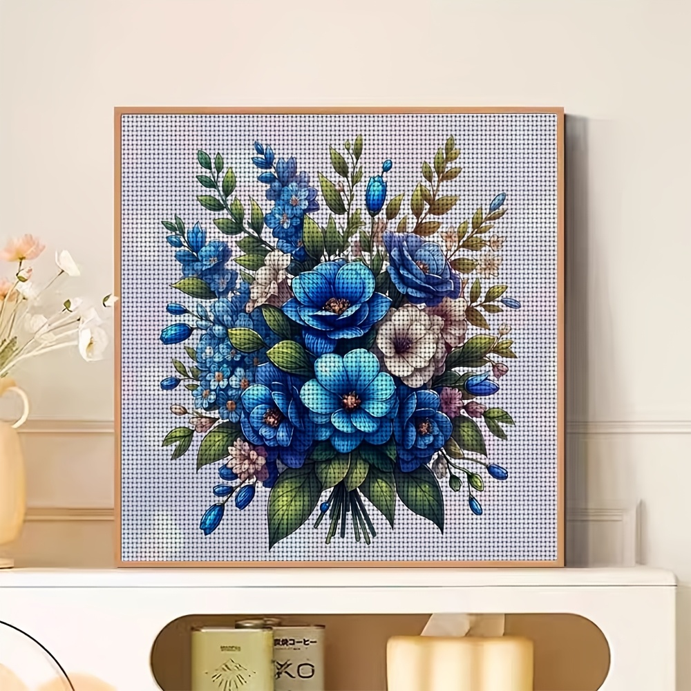 Frameless Cross Stitch Print Kit, Exquisite Blue Bouquet