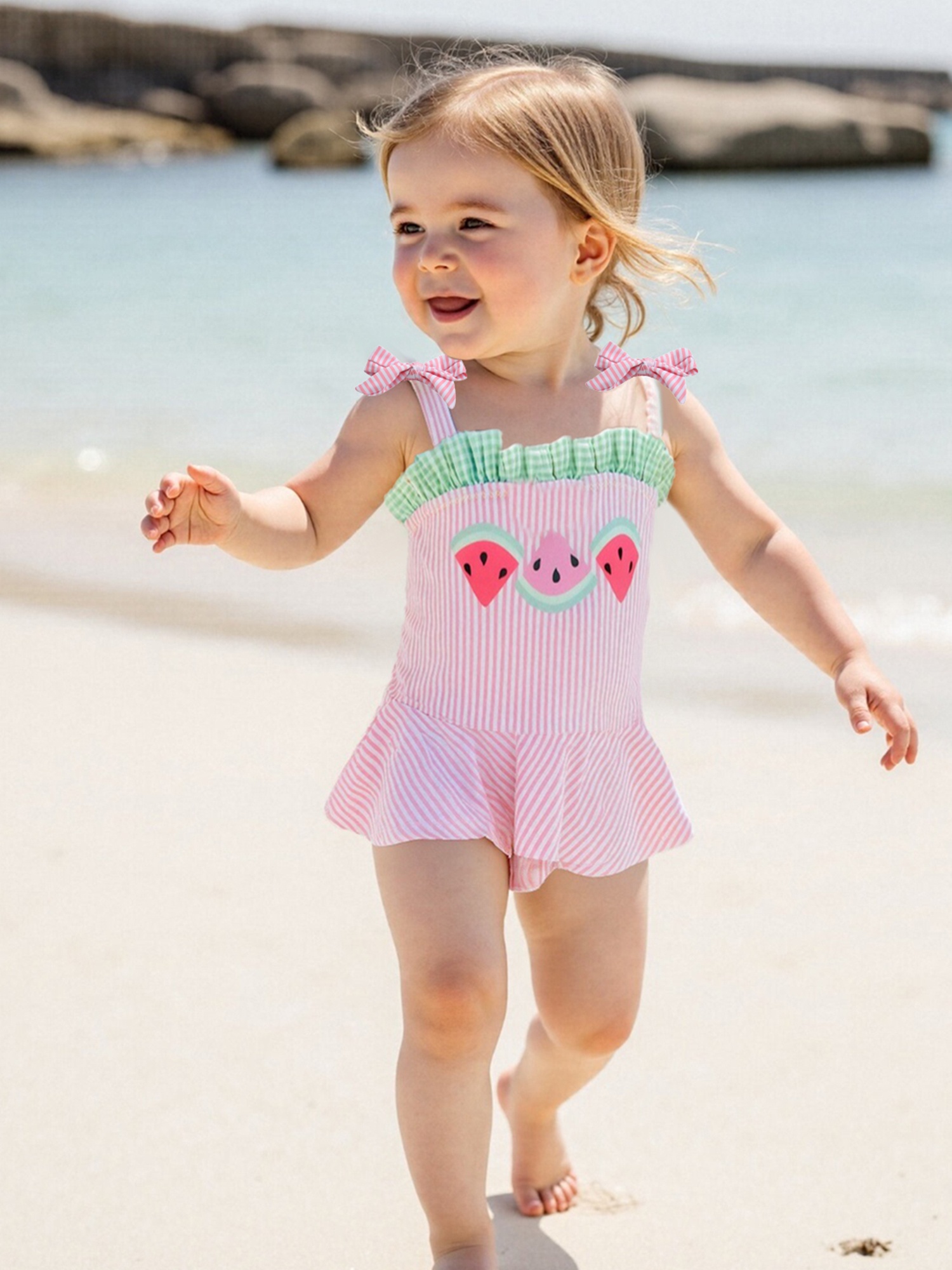 Toddler Baby Girl Swimsuit Cute Watermelon Print Sleeveless Tie Shoulder  Bathing Suit Baby Swimwear
