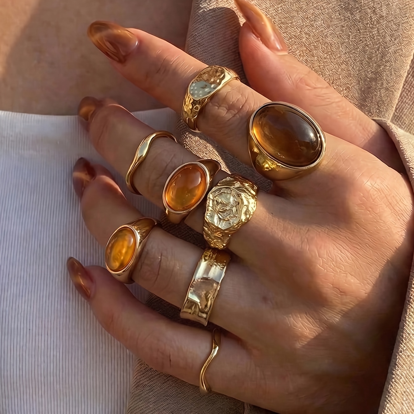 TEMU 8pcs Women' Vintage Cat-eye Wide-band Ring Set - Multi-style Suitable For Weddings, Parties, Daily Wear, Wide-band Suitable For Vacations, Photo