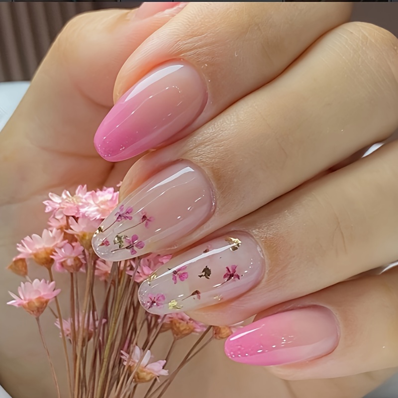 24pcs Wearable Nails Cute Floral Almond Nail Pink Gradient Scattered Flowers Finger Nails With 1pc Jelly Glue And 1pc Nail File