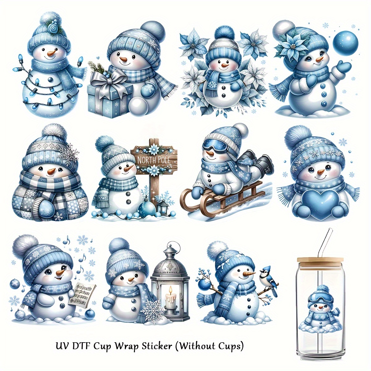 

12-piece Blue Christmas Series Uv Dtf Sublimation Transfer Decals - Watercolor Snowman Decorations - Self-adhesive Pvc Labels For Mugs, Laptops, Diy Crafts Supplies