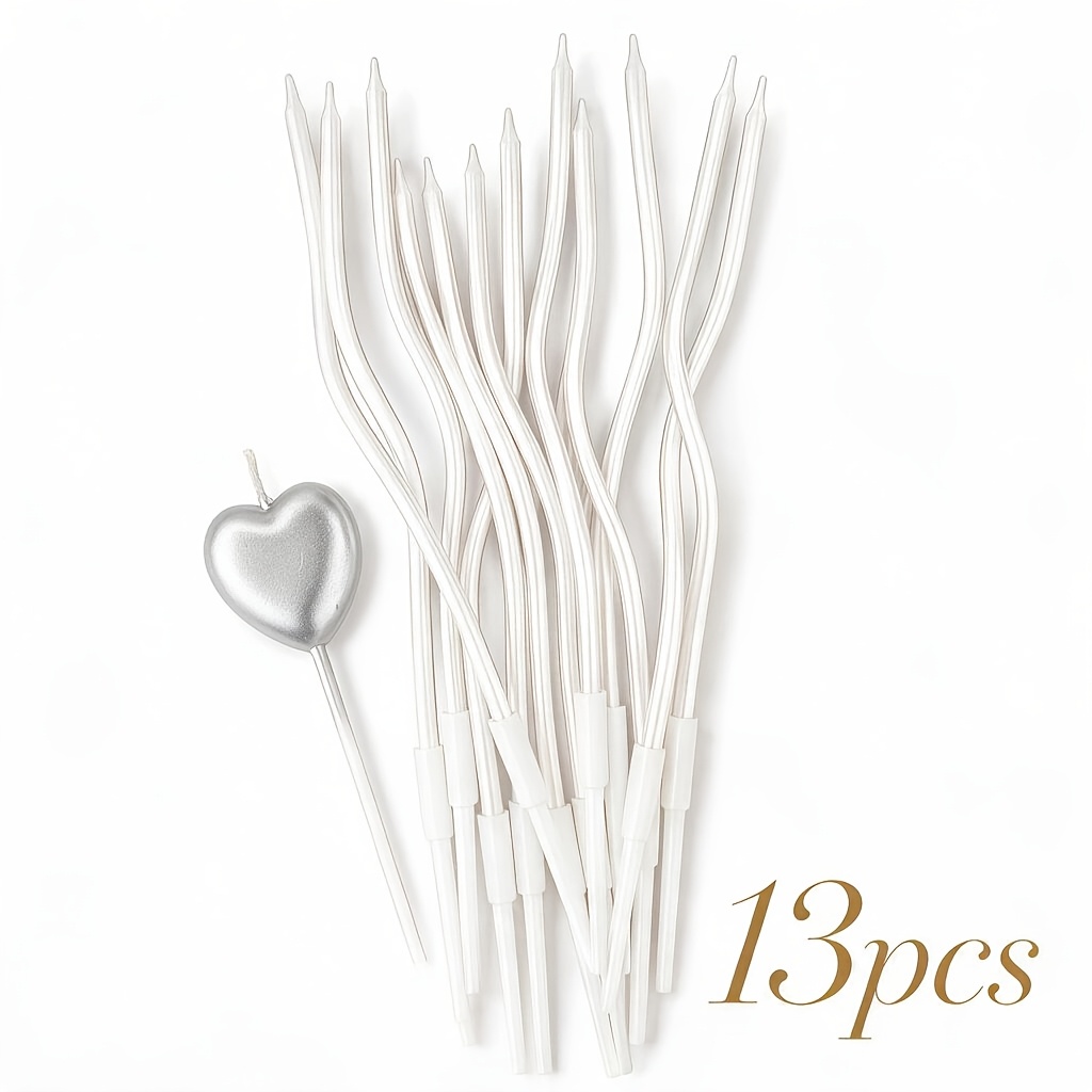 TEMU 13pcs Wavy Birthday Candle Set, Includes 12pcs Curved Long Candles And 1pc Silvery Heart-shaped Candle, Pearlescent Texture, Smokeless Burning,
