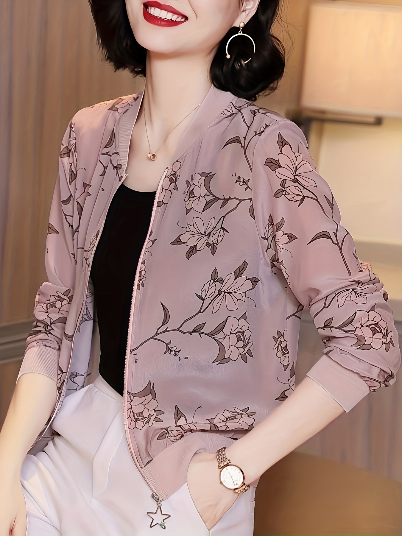 Floral Print White Long-sleeve Zip Jackets for Mom and Me