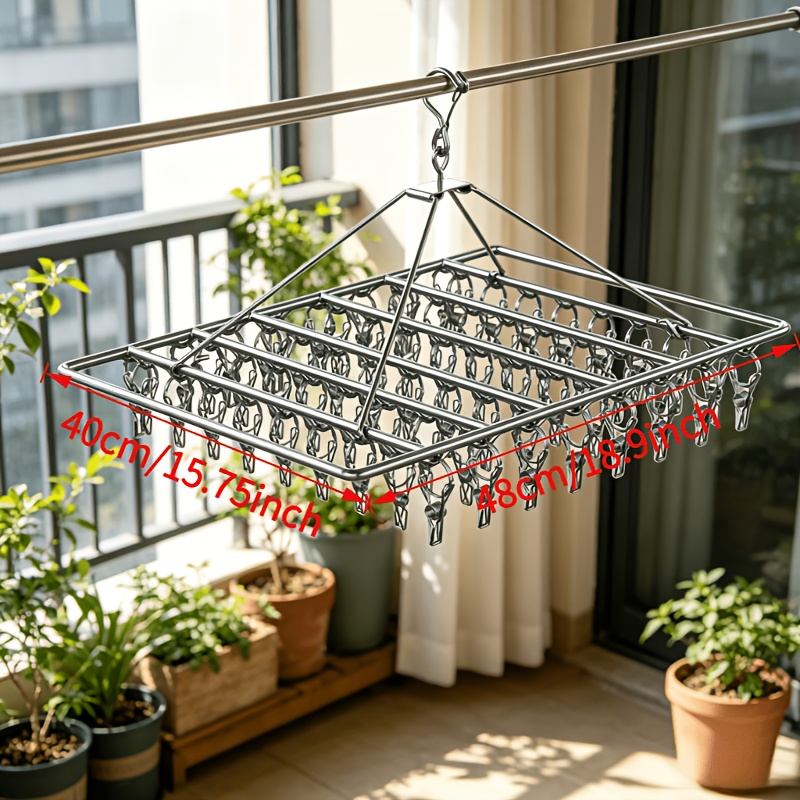 TEMU 1pc Heavy-duty Stainless Steel Clothes Drying Rack, Multi-functional Design With 64 Clips, Space-saving Clothes Organizer, Easy To Assemble.