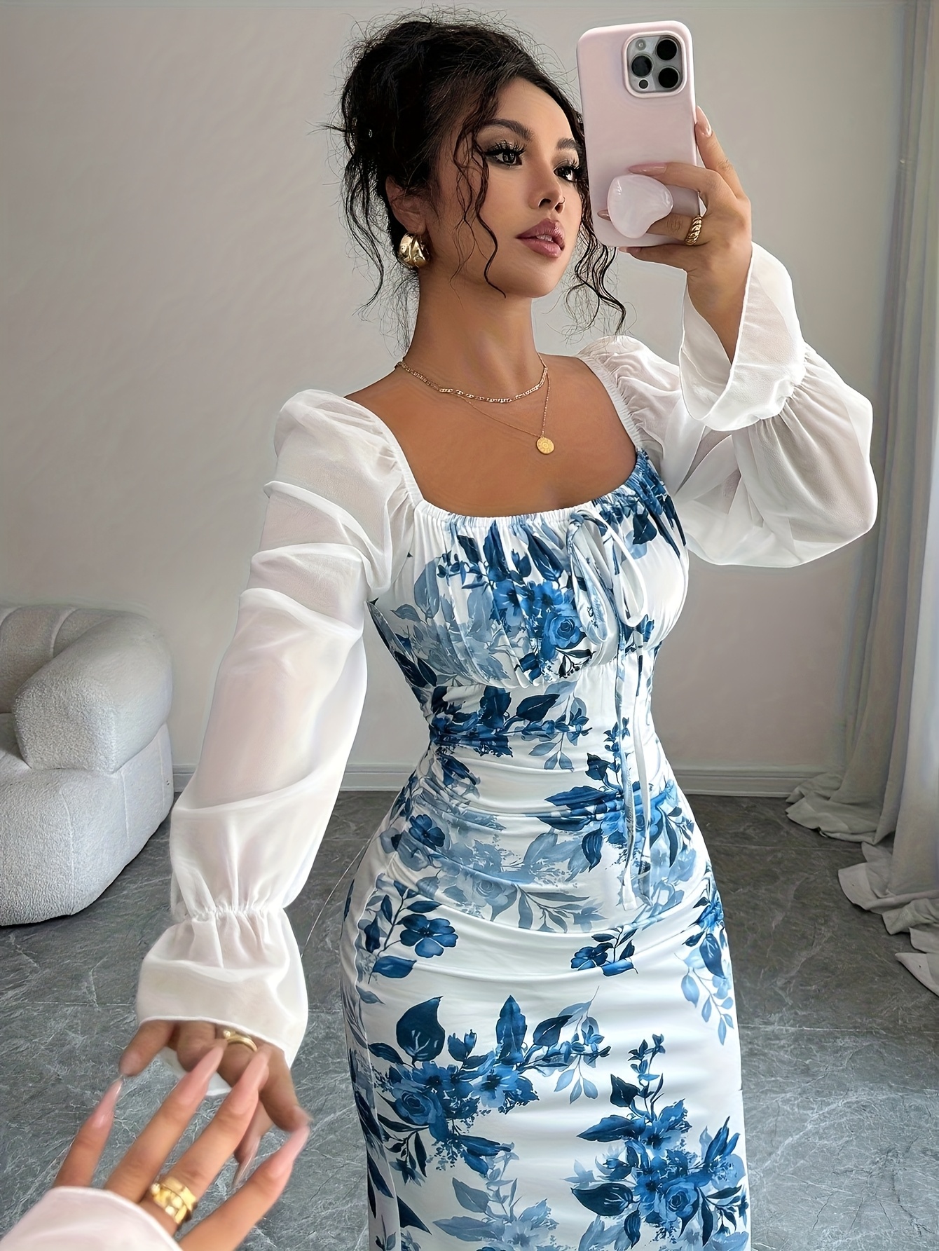 Elegant Floral Print Long Sleeve Bubble Sleeve Notch Neck Bodycon Dress | Long Length, Mermaid Hem, Skinny Fit, Suitable for Spring/Summer/Fall
