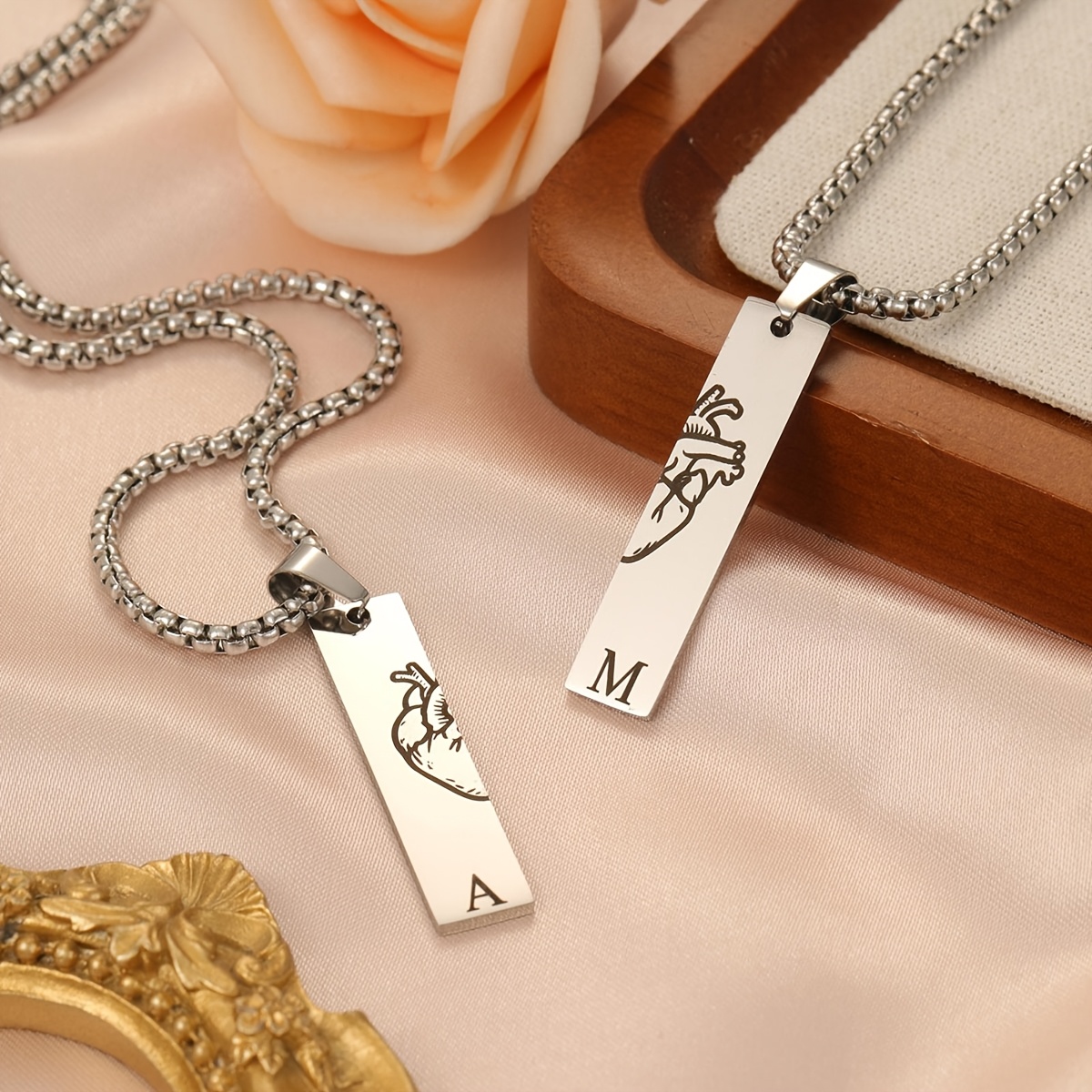 2pcs Set Personalized Couple's Heart Initial Pendant Necklace