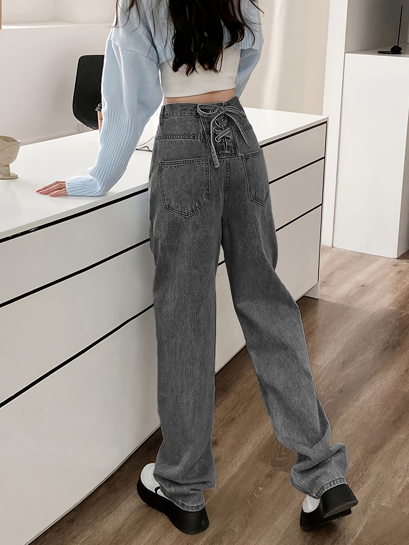 Lace Back High Waist Straight Jeans Y2k Washed Loose Wide - Temu