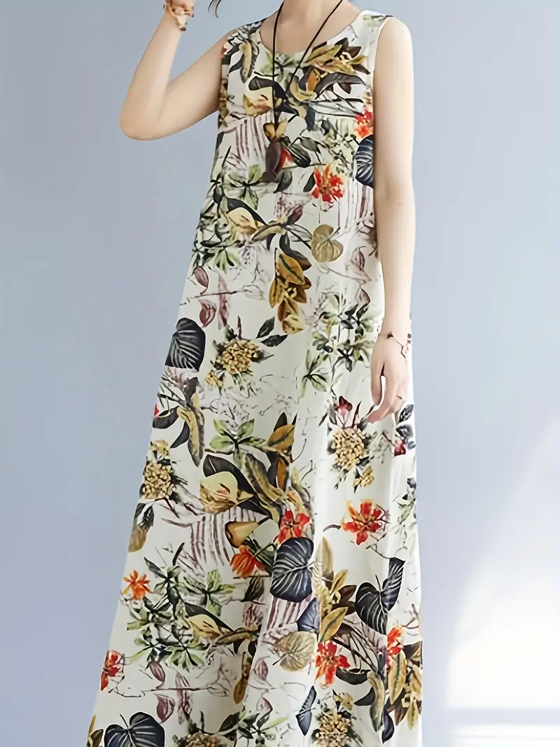 elegant floral print sleeveless linen dress crew - Temu Denmark elegant floral print sleeveless linen dress crew - Temu Denmark