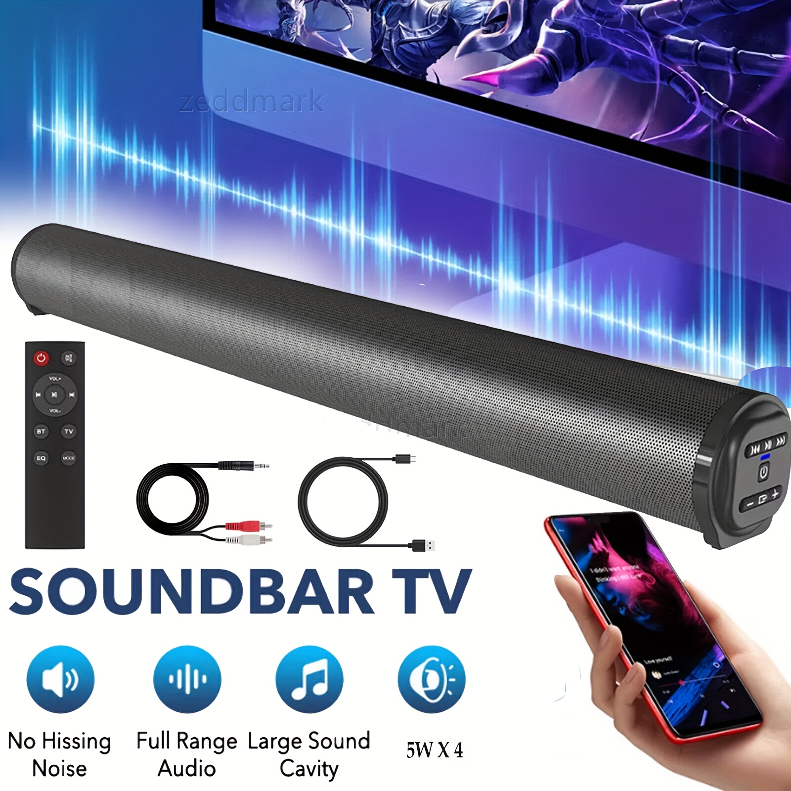 TEMU Surround Sound Bar Speaker, Home Theater System Soundbar With 4pcs 5w Speakers, Detachable And Adjustable Speakers, Support Optical, Wireless,
