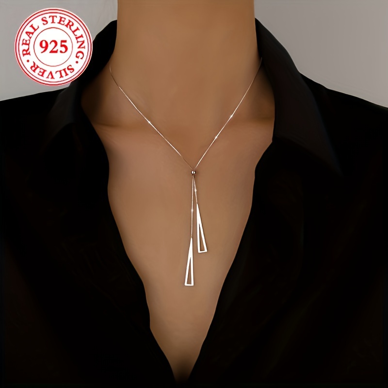 

S925 Sterling Silver Adjustable Geometric Triangle Y-lariat Necklace, Simple Elegance Style, Vacation Theme, 925 Silver Plated, No Stone Setting, Versatile Daily Wear, Approximately 3g