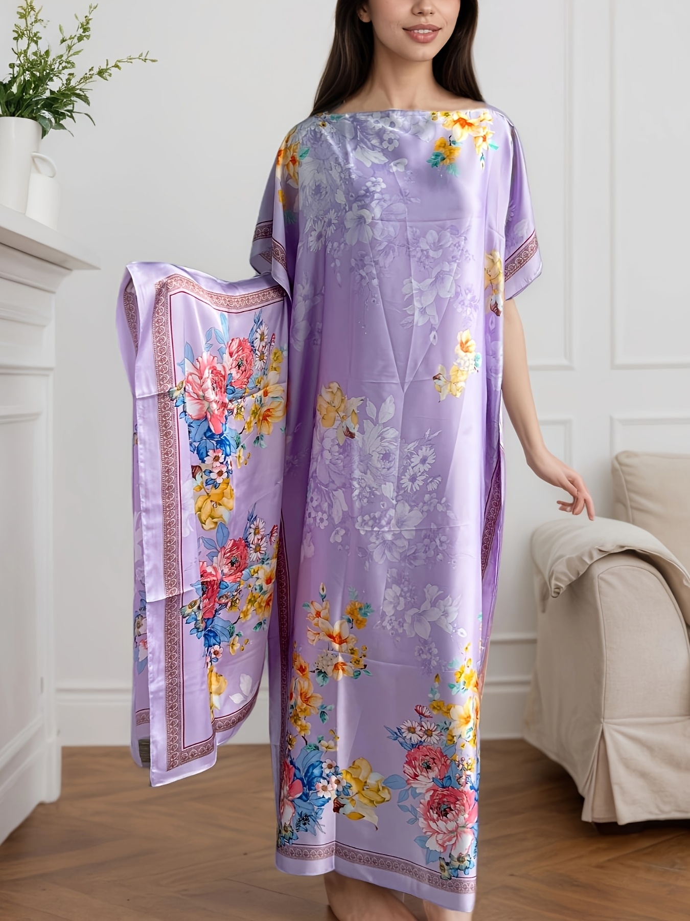 plus size, kaftan dress with full-body sequin print batwing