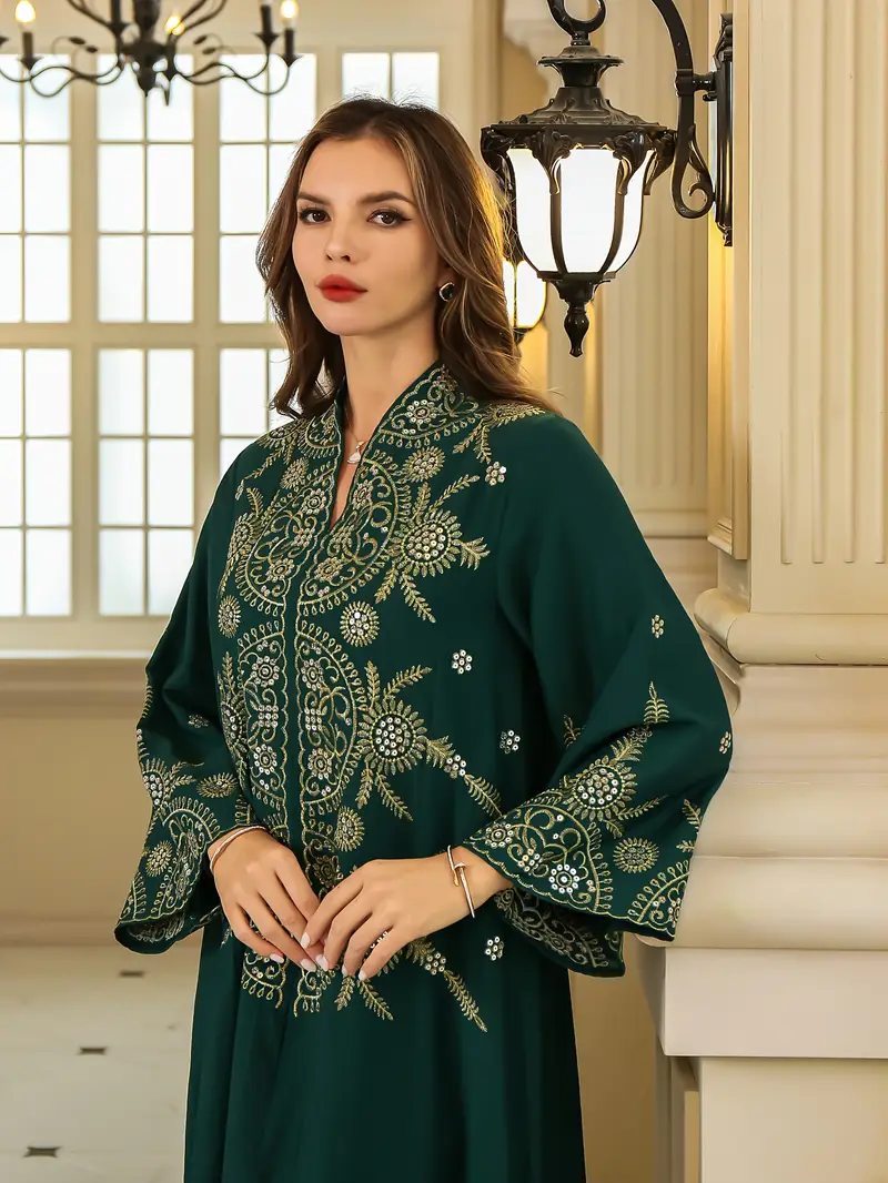 1pc elegant geometric pattern embroidered abaya dress polyester 100 long sleeve loose fit non stretch woven fabric luxury muslin ladies gown details 1