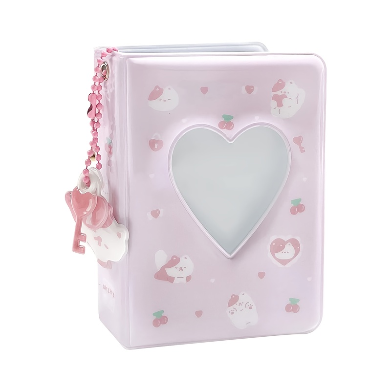 Image of Mini Photo Album, Heart-shaped Hollow Card Binder, Photo Card Holder, 40 Pockets With Pendant (pink White Cat)