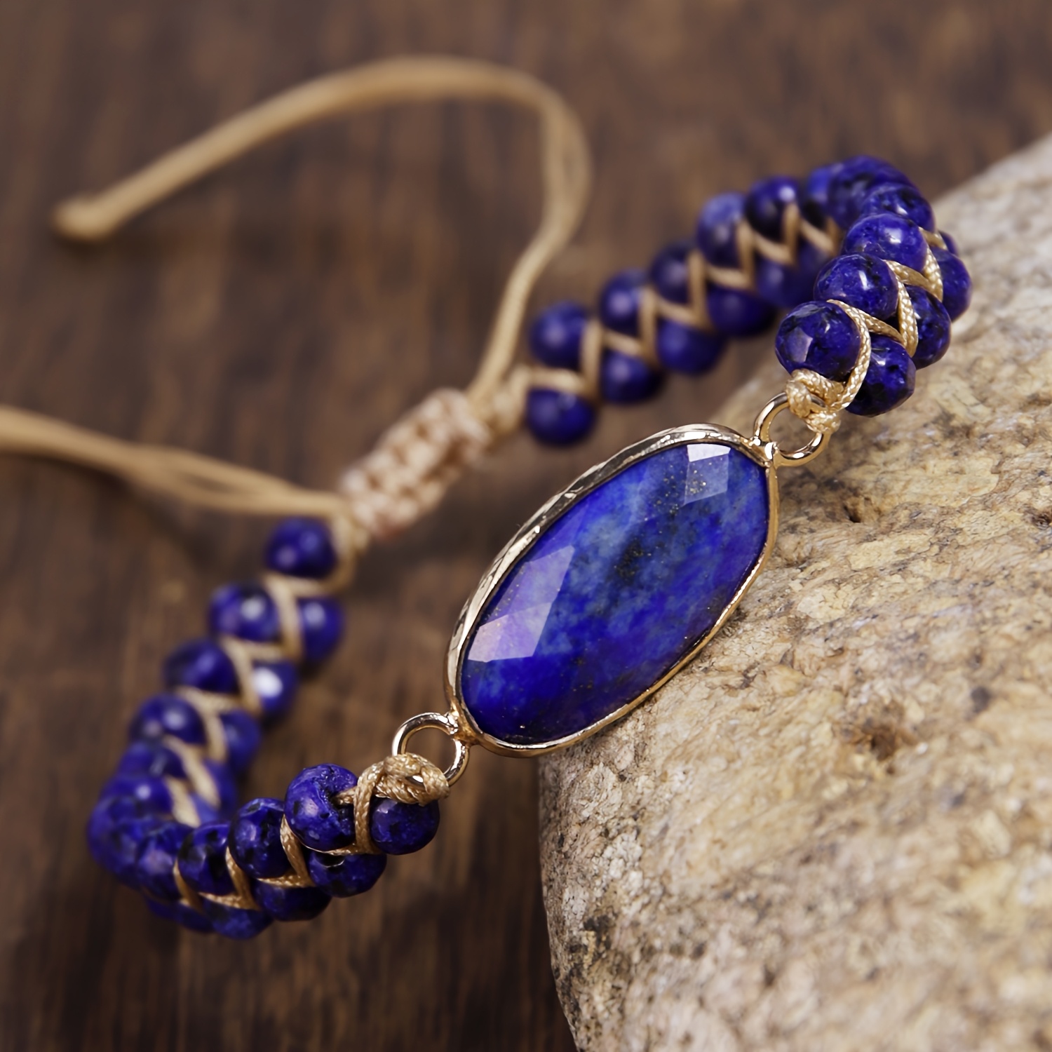 Image of Bohemian Bracelet Made Stone, Featuring A Handmade Adjustable Design. This Women's Braided Bracelet Includes An Oval Pendant And A Brown Braided Cord