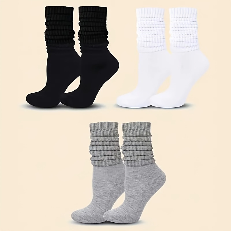 

3 Pairs Solid Black White Grey Pattern Men's Mid-calf Crew Socks, Breathable Comfy Casual Socks All-match Fashion Sports Socks For Spring Summer