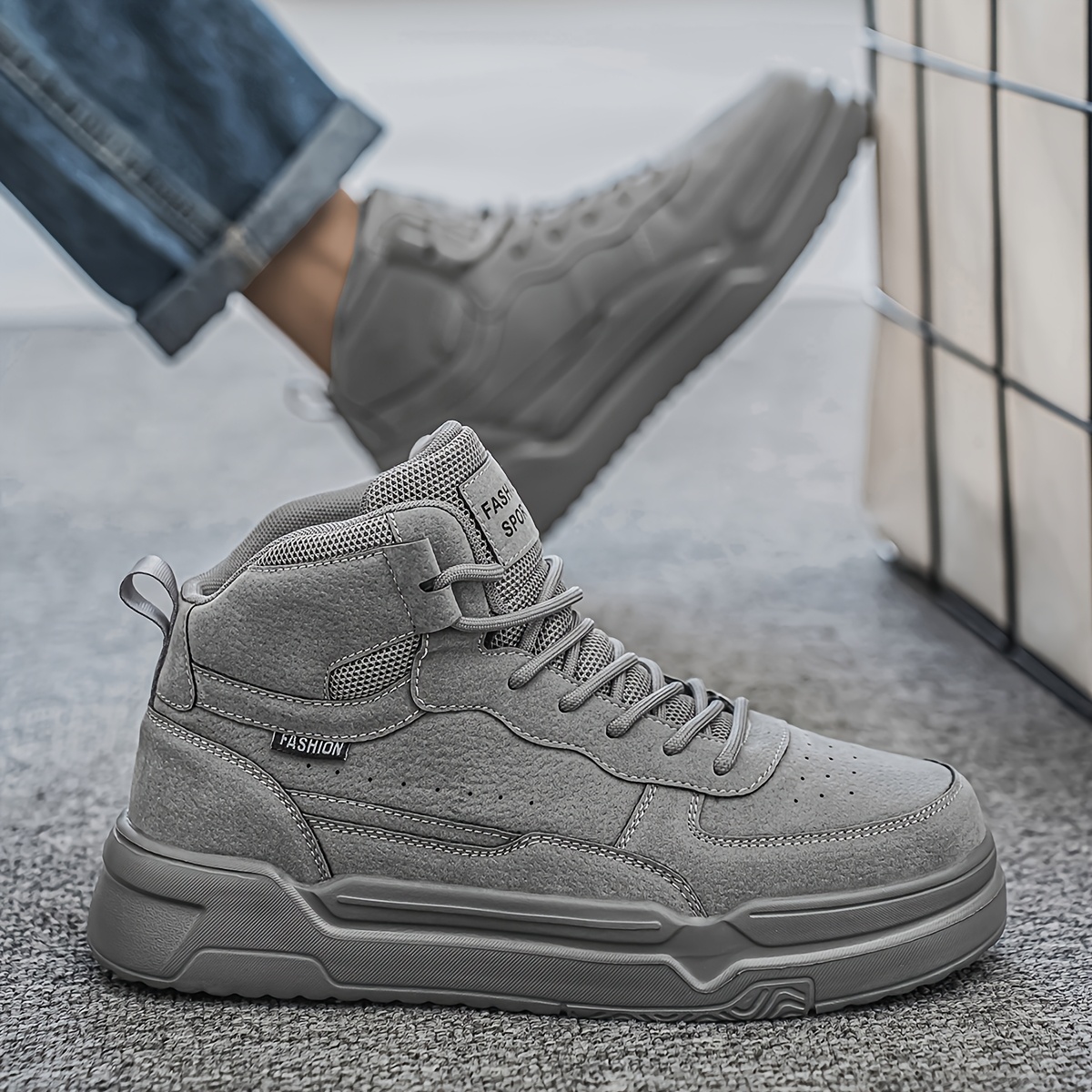 Men's Mid-Top Skate Shoes - Versatile & Comfortable in Black, Gray, Khaki | Durable PU Upper with Fabric Lining & EVA Sole | Lace-Up Design for Casual Attire, Hiking & Outdoor Activities