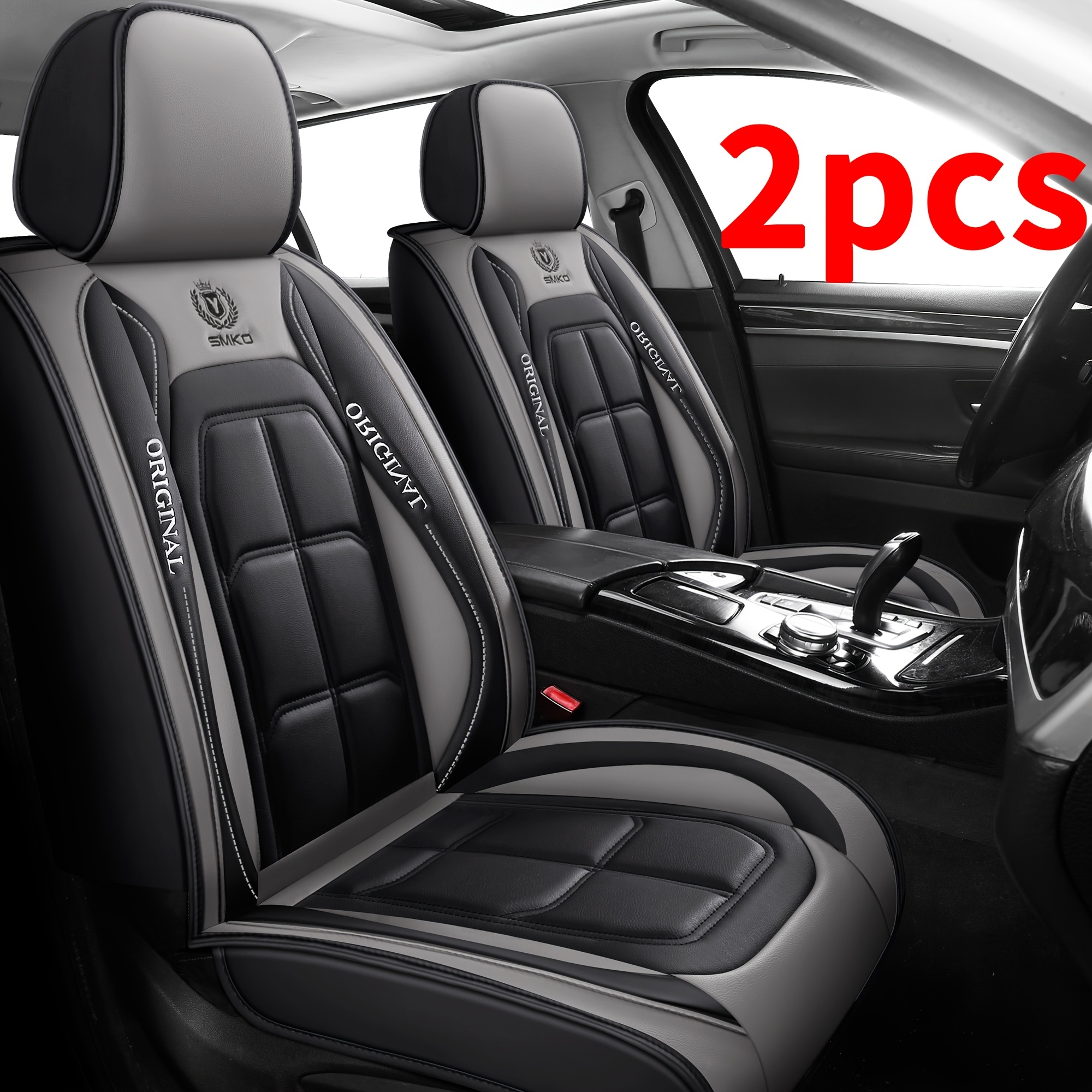 TEMU [gray Car Seat Covers] 2pcs Faux Leather Car Seat Covers For Front 1-4 Seats - Universal -season Full Coverage, With Red Stitching, Hand Wash/,
