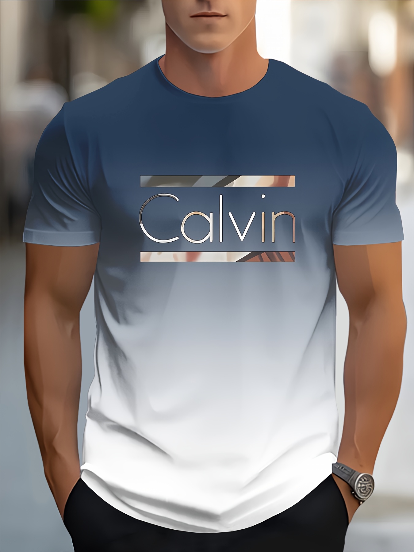 Men'S Casual Short Sleeve T-Shirt with Bold CALVIN Monogram Print - Blue & White Gradient Design, Regular Fit Round Neck, Machine Washable for Casual Attire, Summer Apparel, Modern Fashion, Comfortable Fabric, Graphic Tee, Streetwear Style