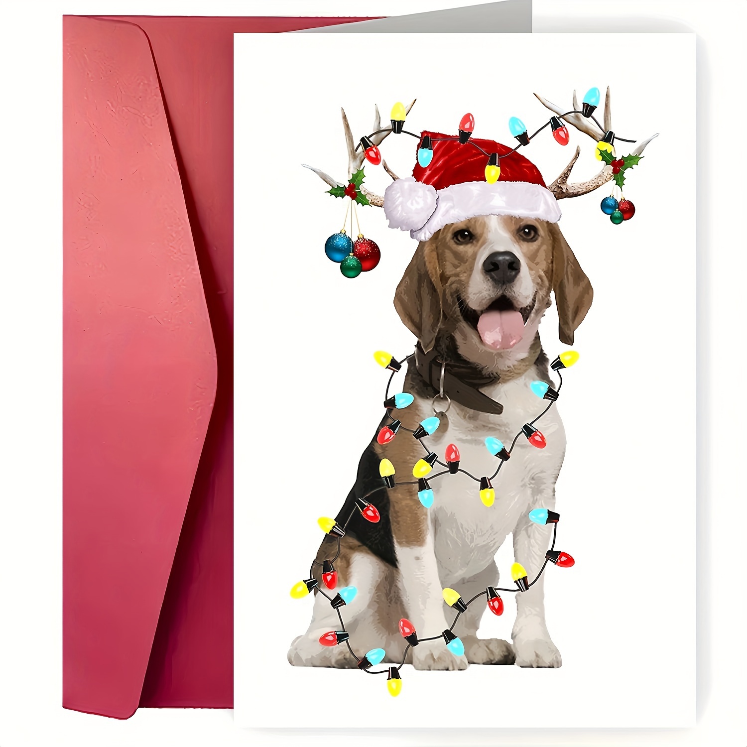 

Christmas Greeting Card Featuring Beagle In Santa With Lights - Holiday Wishes For Family, Friends, Colleagues - High-quality Paper Card With Envelope For Anyone, Happy New Year & Greetings