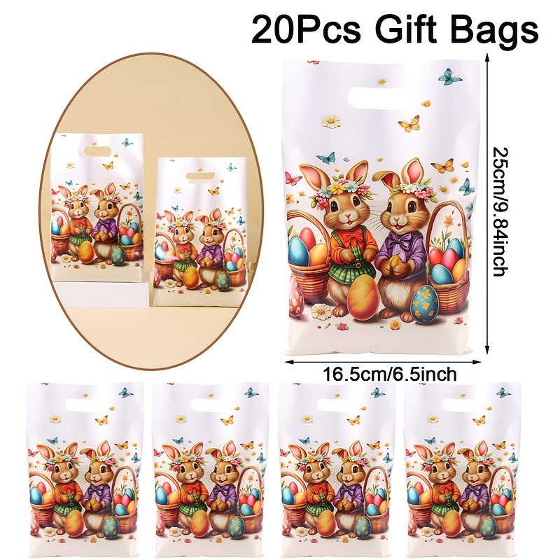 10/20/50pcs Easter Gift Bags, Easter Bunny Eggs Wreath Plastic Treat Bags With Handles, Party Favor Bags For Gifts Wrapping, Party Gift Decorations Supplies, Gift Packaging Bags