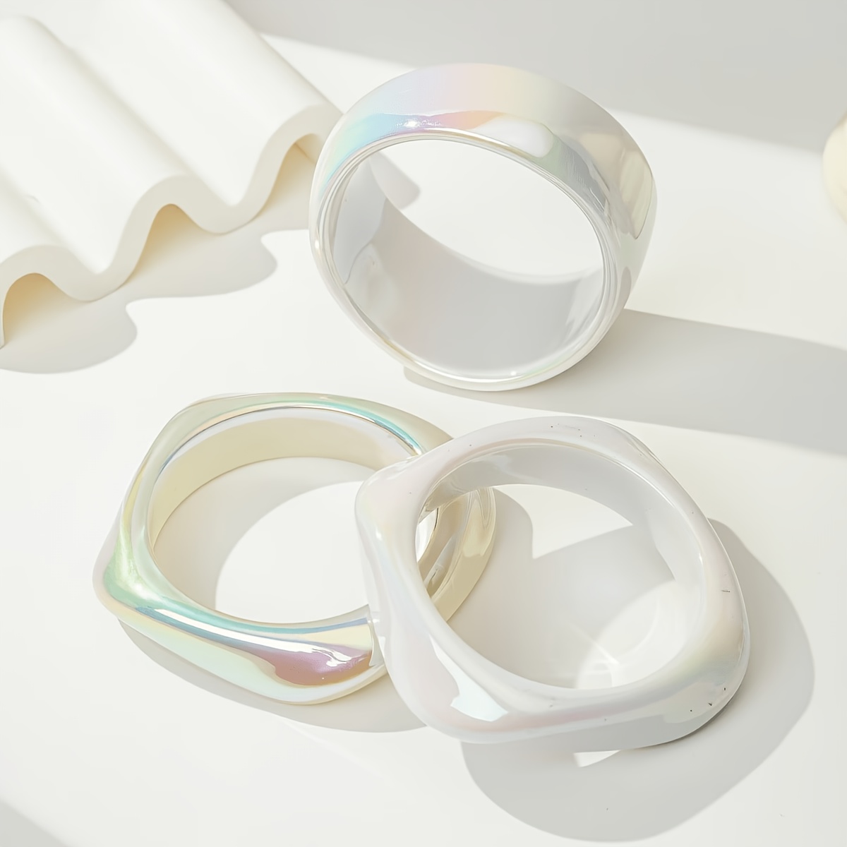 3pc Iridescent White Irregular Square Bangle Set