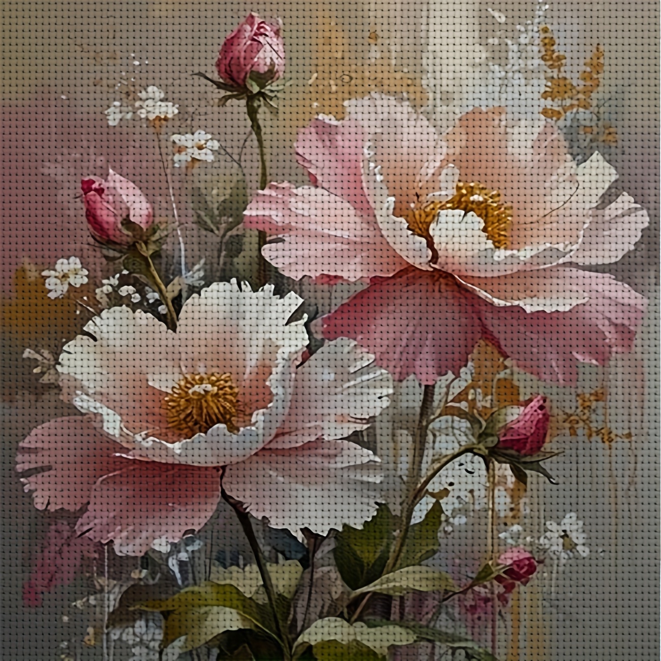 TEMU 1pc Cross Stitch Print Kit | Frameless, "pink And White Flowers With Buds" Pattern, Ideal For Beginners, Includes Canvas, Thread, Pattern, And
