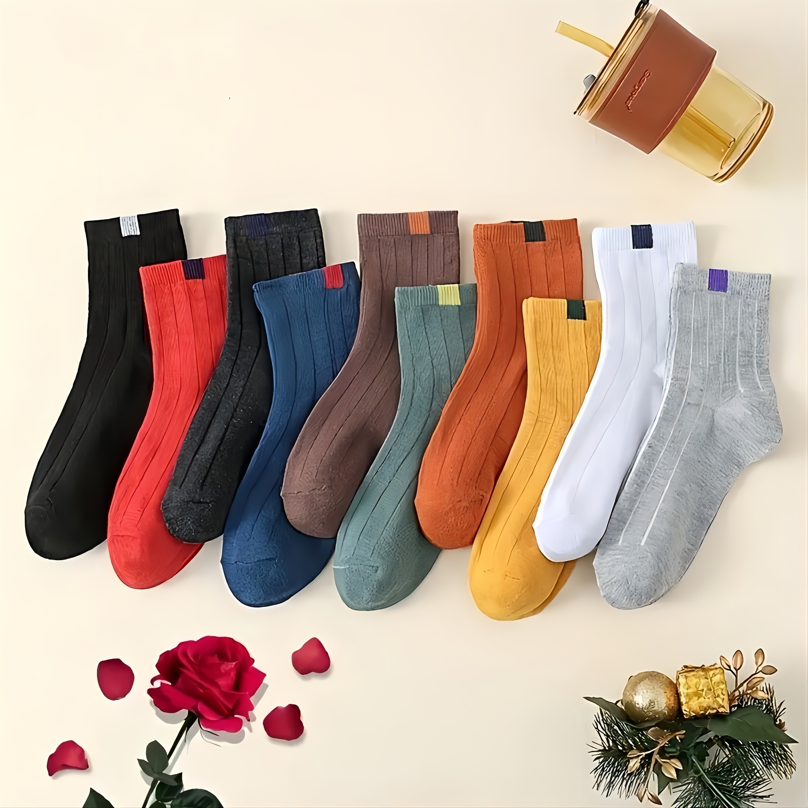 E-shop 10er-Pack Damen-Stoffetikett-Wadenhohe Socken in einfarbig für Herbst/Winter, trendige vielseitige sportliche lange Socken im Vintage-Stil