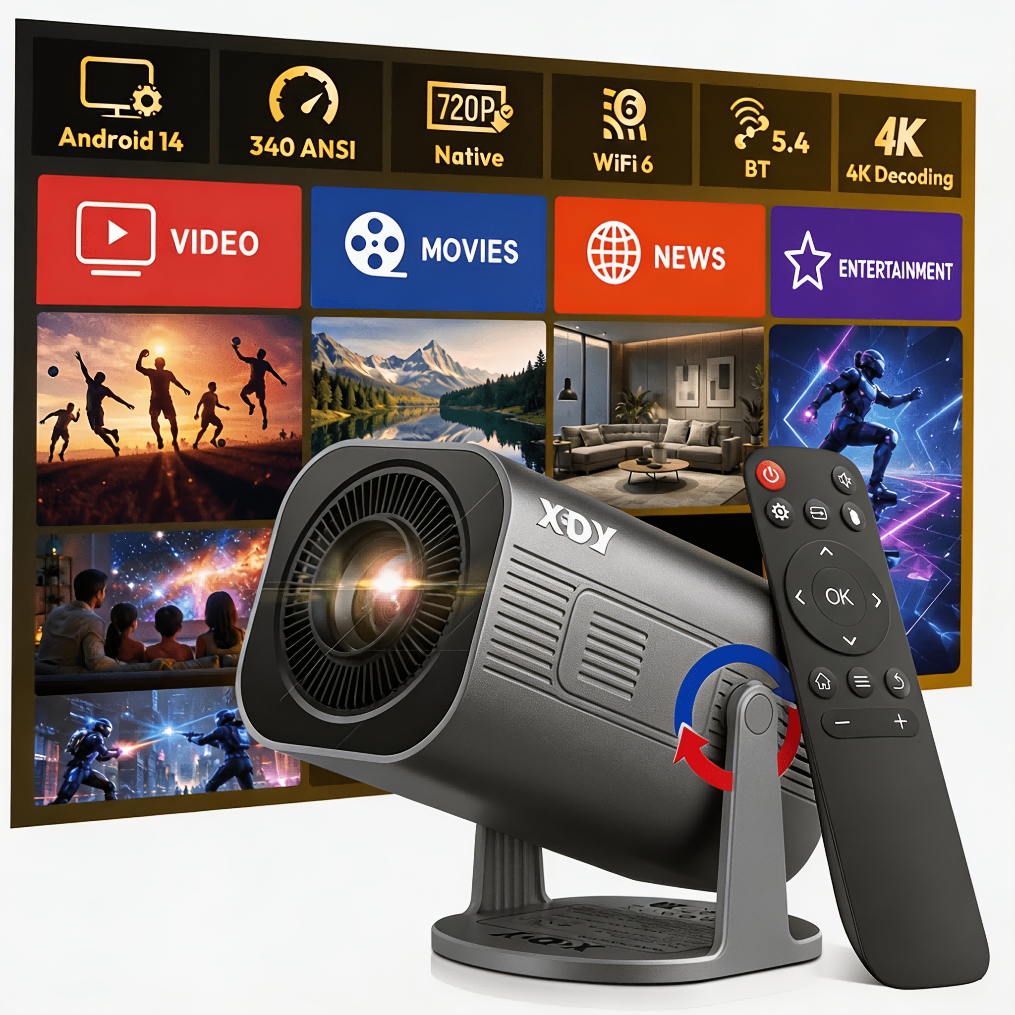 TEMU Xgody Portable Smart Mini Projector, Android 14 , Native 720p Resolution, Supports 4k, Wi-fi 6 And Bt 5.4, Wireless Connectivity, Home Theater
