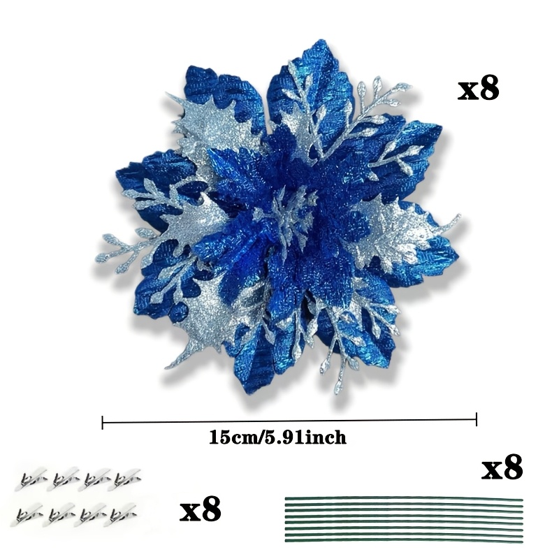 TEMU 24pcs Set (8pcs Flowers And 8pcs Clips And 8pcs Sticks) Blue Pink Artificial Christmas Flower Ribbon And Sticks, Diameter 15cm (. 5.91 Inches,