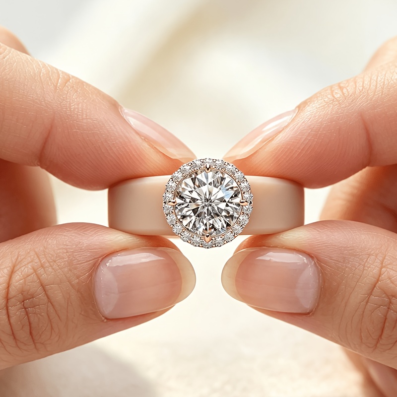 Light Luxury Silicone Ring Holder with Halo Pave Round Main Stone