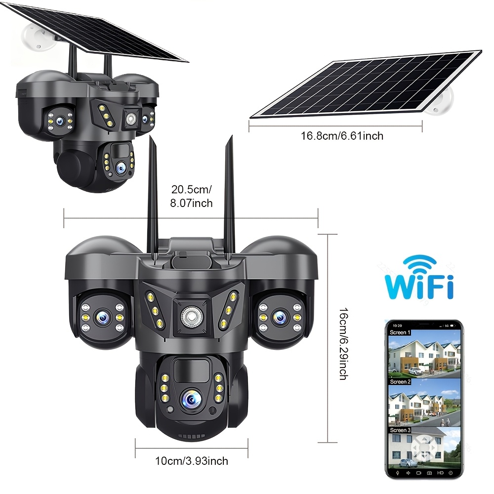 TEMU Solar-powered 3-lens 360° Outdoor Security Camera, Night Vision, Audio, Motion Tracking, Wifi & Hd Camera, Solar-powered, 1080p Hd Video, 3-lens