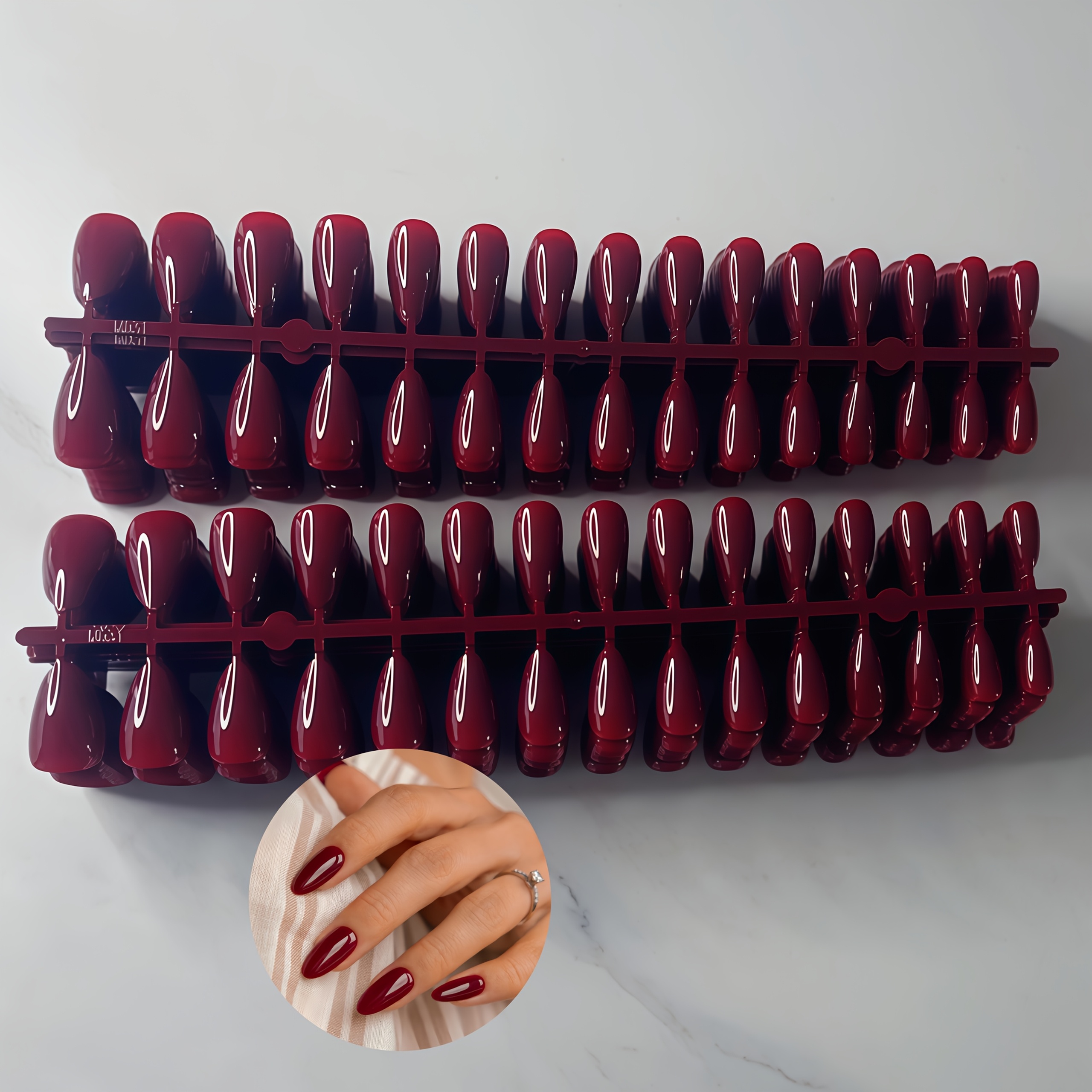 TEMU 120pcs Wine Red Almond-shaped Press-on Fake Nails - Fashionable High-end Removable Nail Stickers - Perfect Gift For - Suitable For Women And For