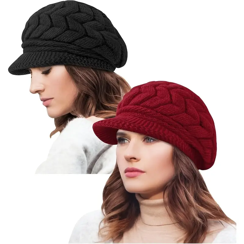 1 warme Wintermütze aus Acrylstrick für Damen mit Krempe, elastisch, atmungsaktiv, leicht, tailliert, Baskenmütze zum Überziehen, nur Handwäsche, einzigartiges Rippenmuster, dick gefüttert, winddicht, Designdetails 0