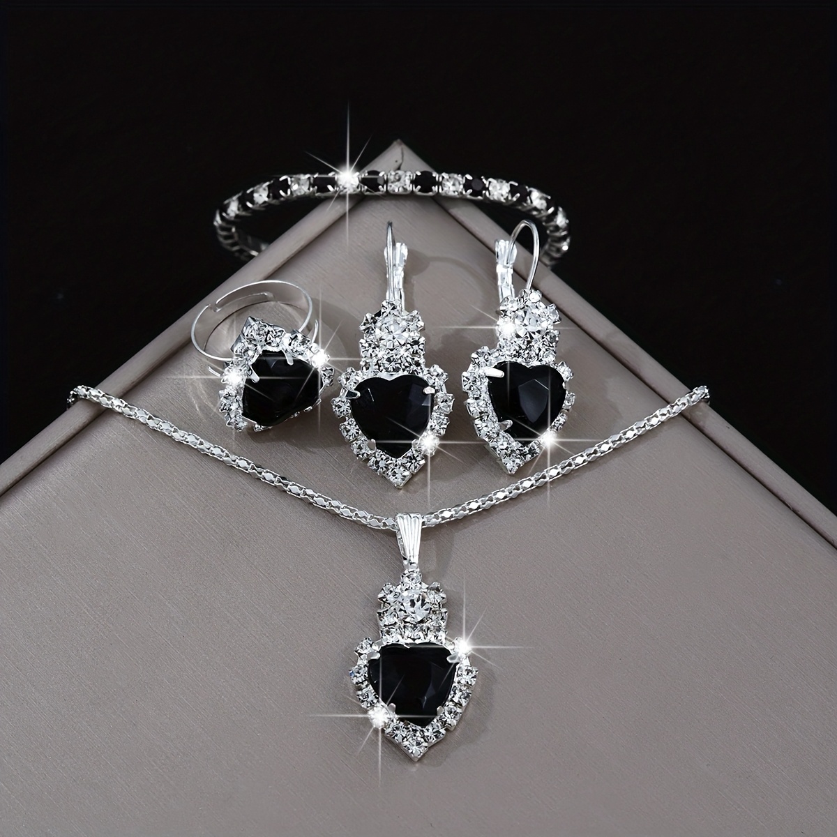 Image of 5pcs Women' Steel Rhinestone Jewelry Suite - Heart-shaped Birthstone (/) Matching Necklace, Bracelet, Earrings & Ring - Elegant Daily Wear Gift Set, European Collection For Birthdays &