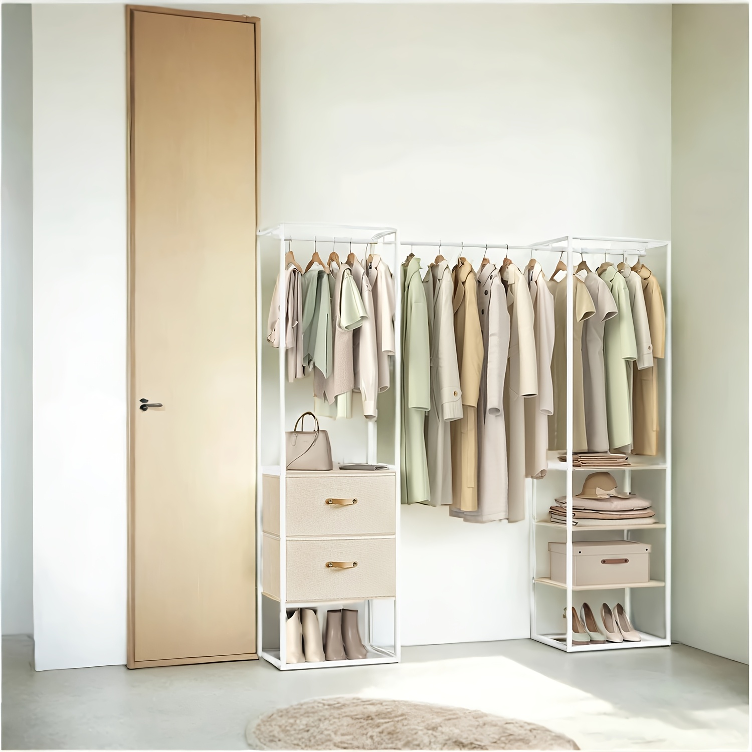 Image of A Clothing Stand, An , A Sturdy Garment Rack, 1 Adjustable Pole, 2 Storage Drawers, 4 Shelves, In Beige Color, Portable Closets